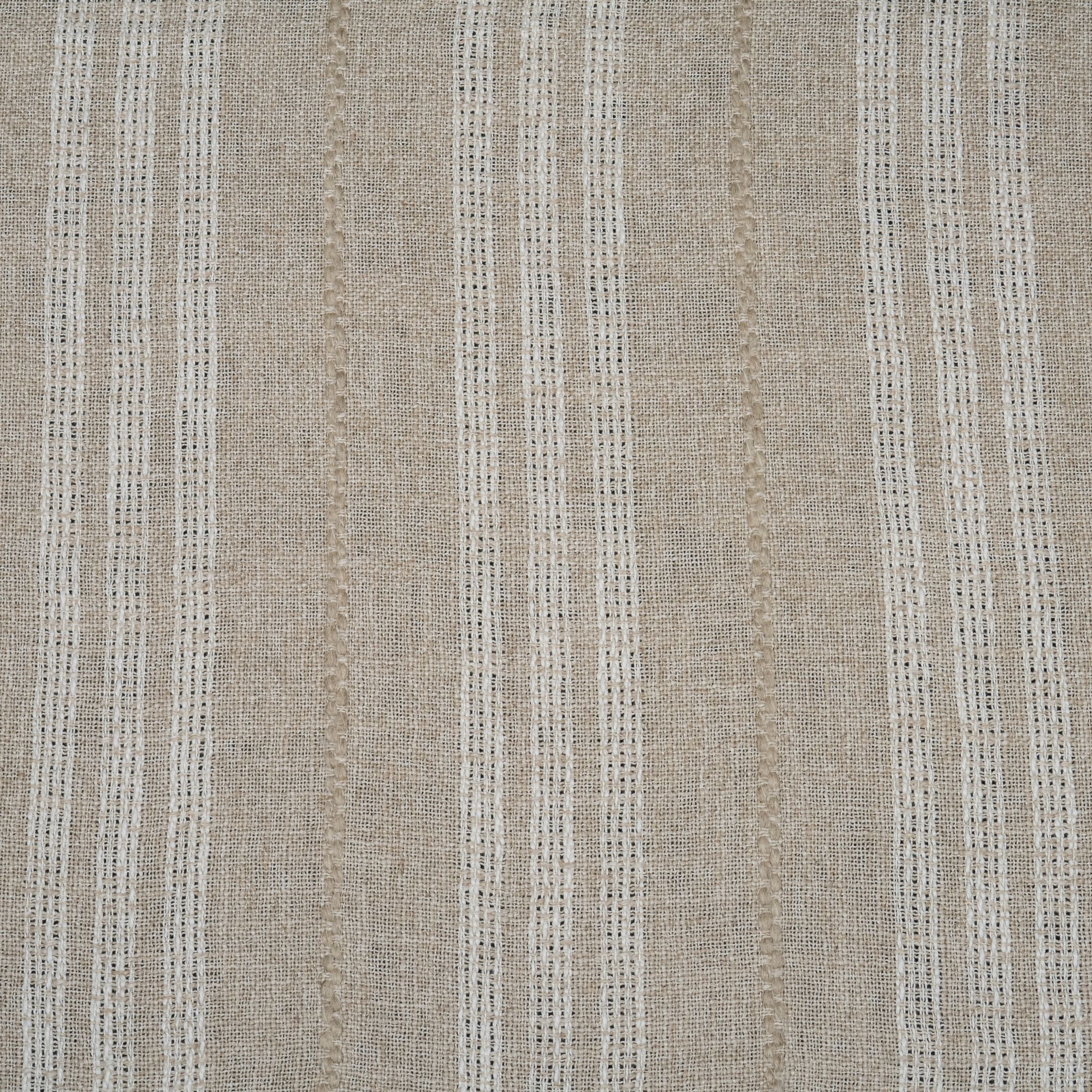 Zoomed out view of textured fabric with vertical stripes in beige and white