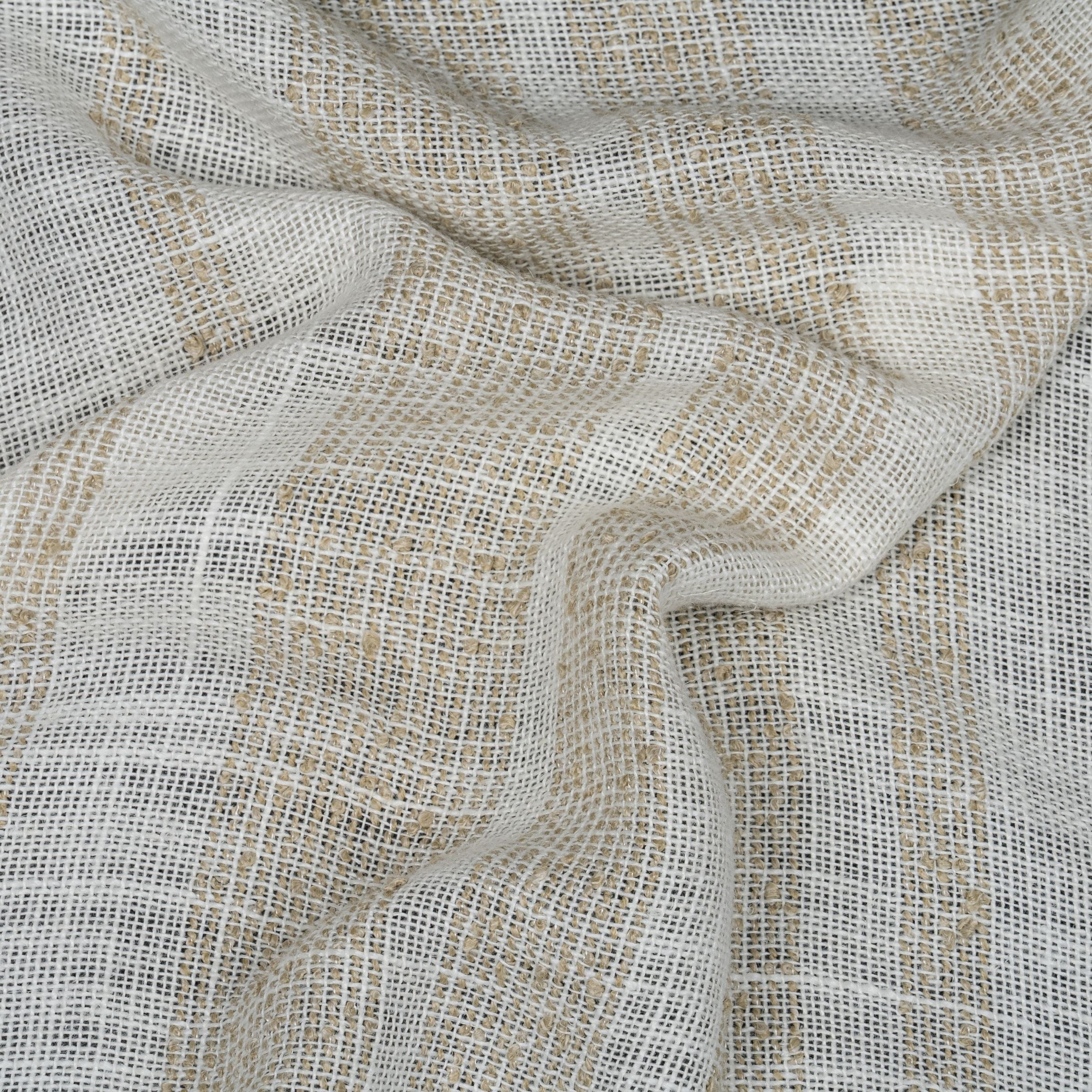 White fabric with beige textured stripes and wavy folds