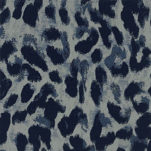 Dark blue cheetah spots on a light gray color weave.