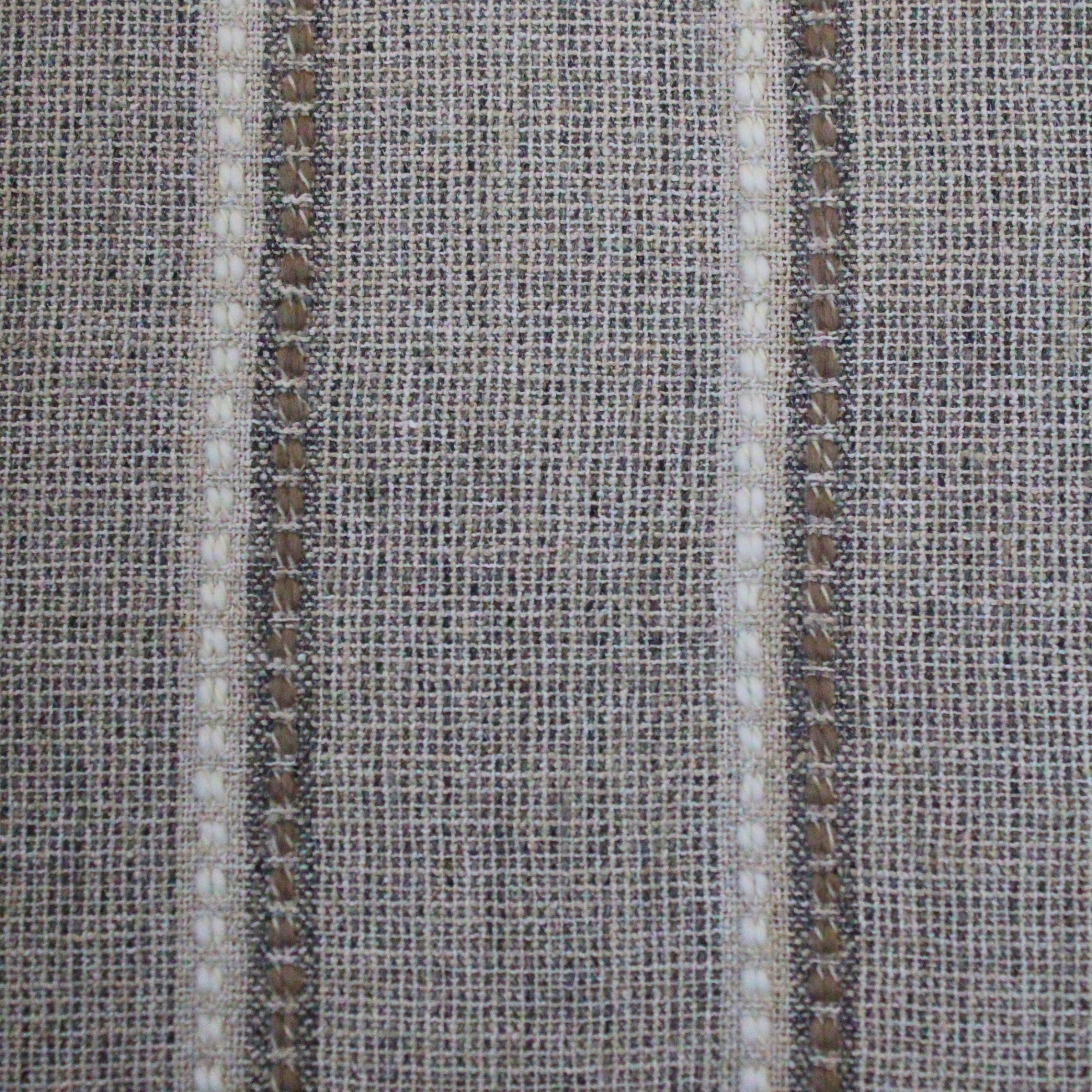 Inverness is a window covering fabric with textured thin brown and off-white stripes on a textured beige background.