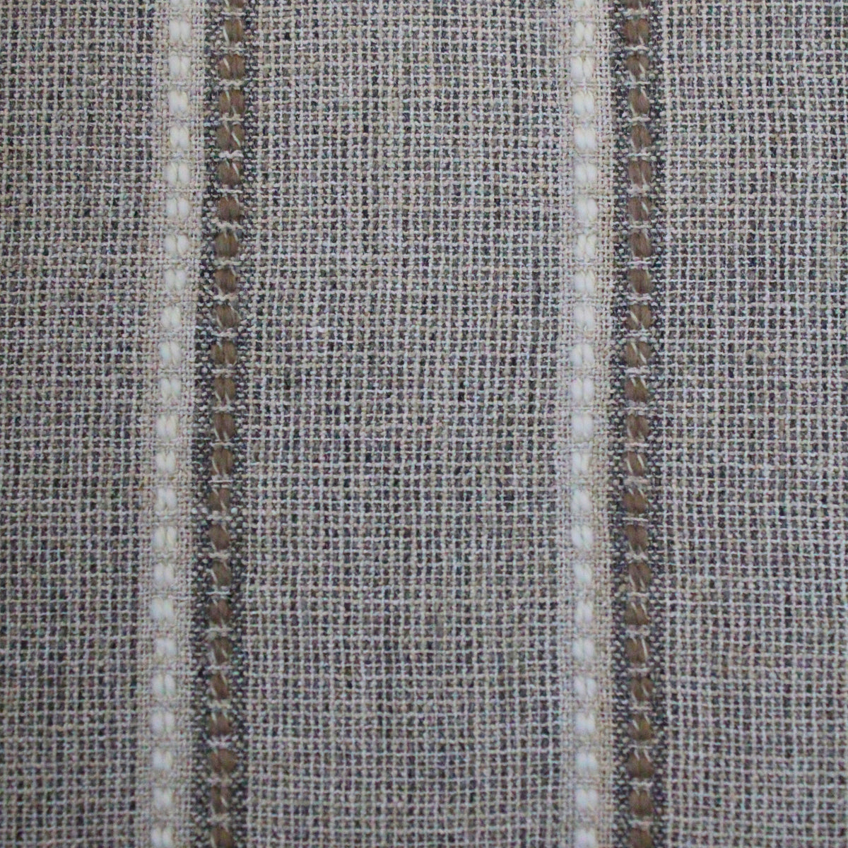 Inverness is a window covering fabric with textured thin brown and off-white stripes on a textured beige background.