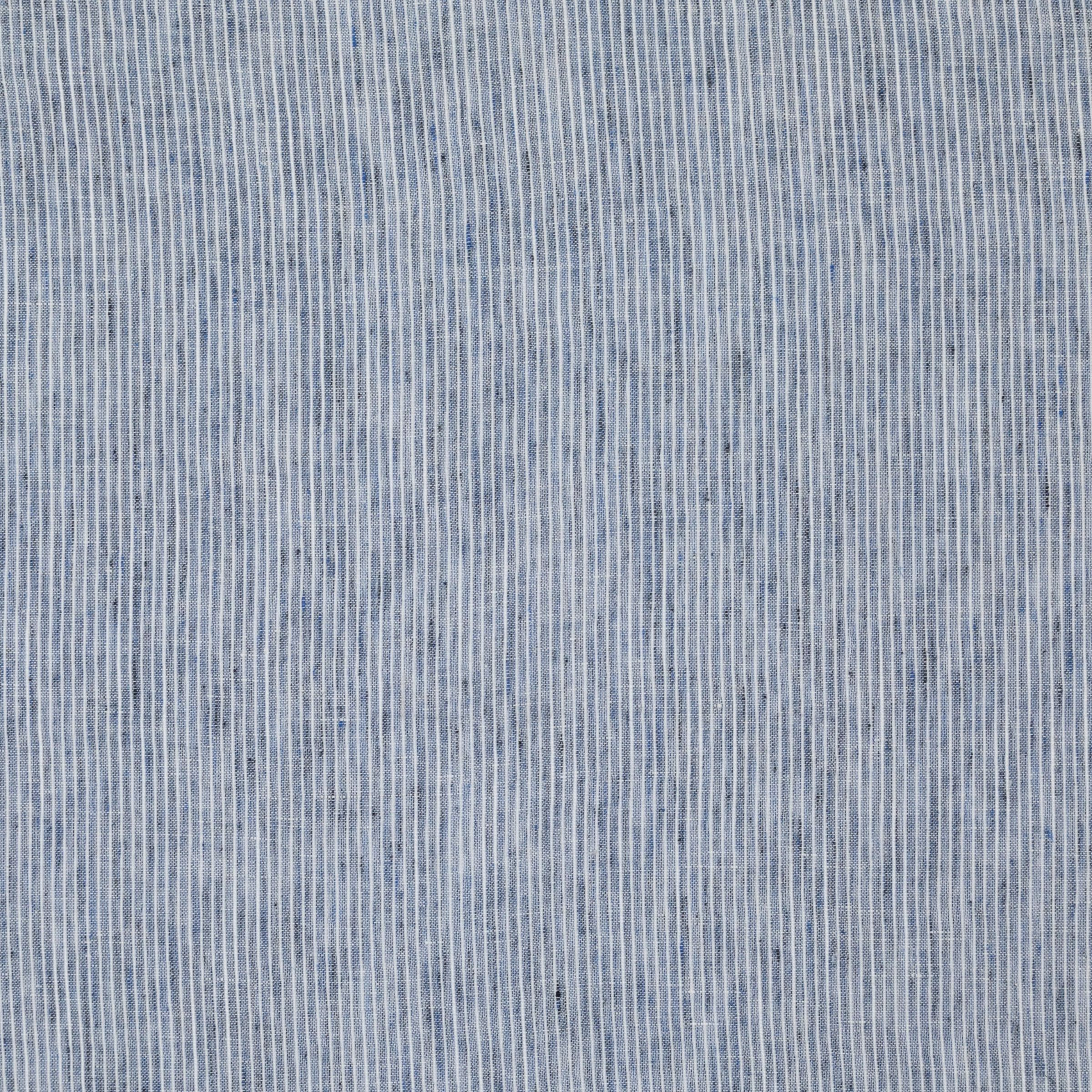 Light blue fabric with consistent thin, vertical white pinstripes throughout.