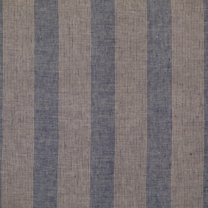 Denim blue fabric with thin neutral beige stripes.