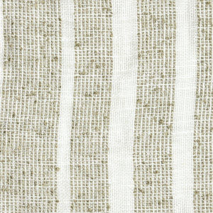 White linen fabric with wide and thin, light green tinted vertical stripes.