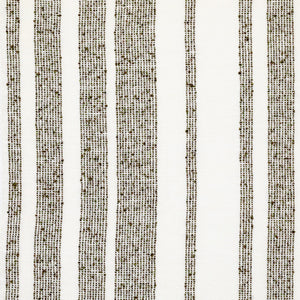 White fabric with dark green and brown threads creating wide and thin stripes.