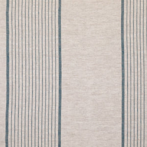 Beige fabric showing the wide, vertical blue stripes against the beige background weave.