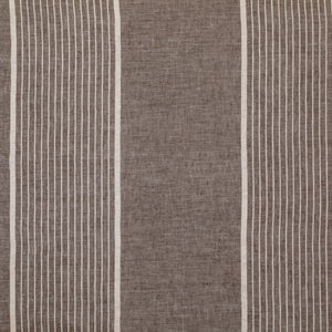 Beige fabric with constrasting wide and thin gray stripes.