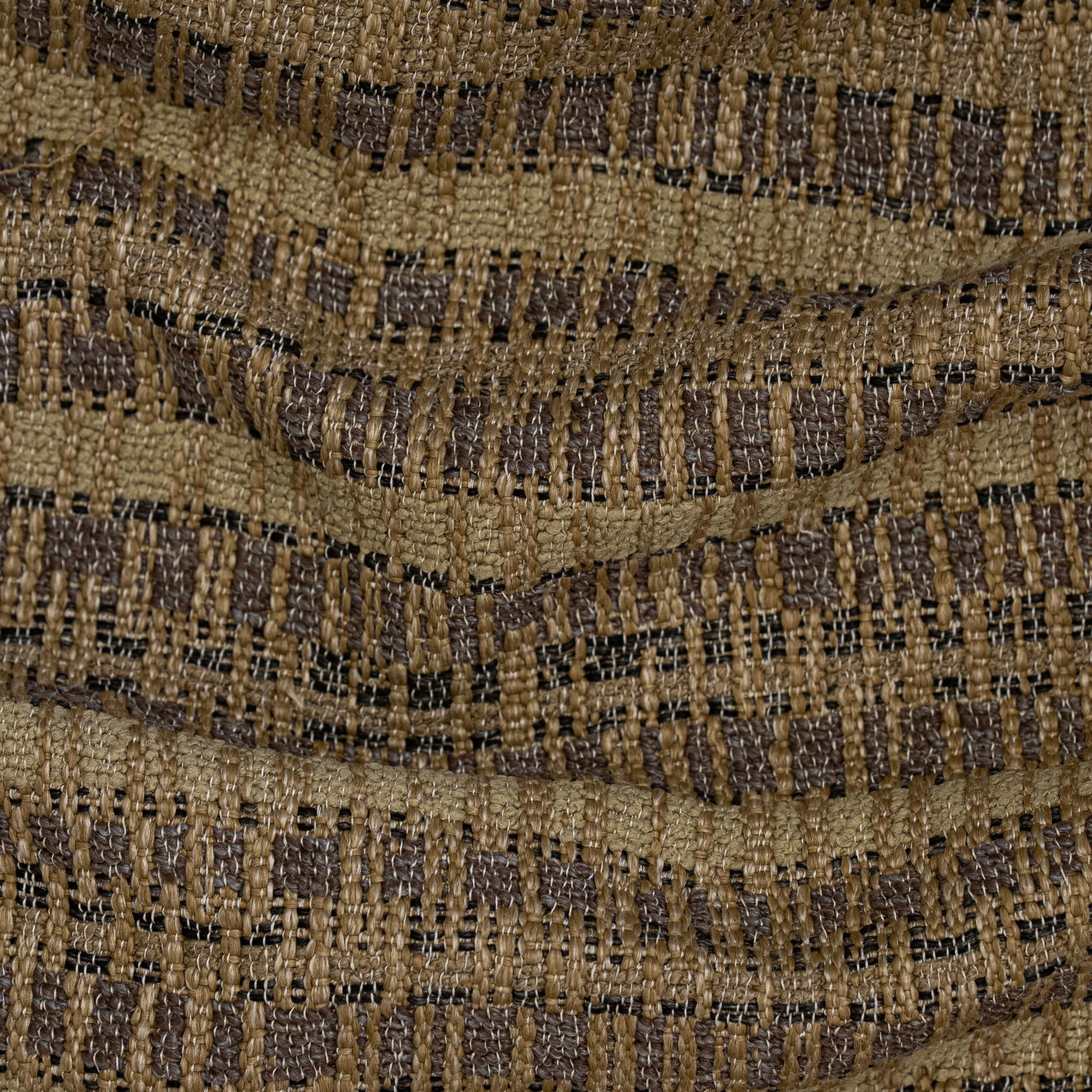 Textured beige fabric with interlaced threads of gray, black, and brown, adorned with subtle horizontal folds