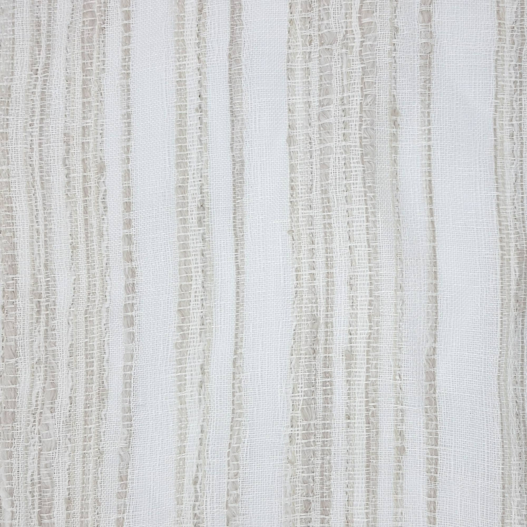 Close-up of off-white fabric showing an uneven plain weave with wider, beige textured vertical stripes.