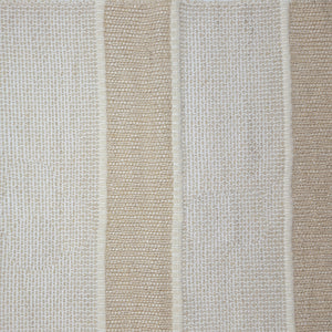 Light beige and off-white fabric showing a loose plain weave and prominent, medium-width textured white vertical stripes.