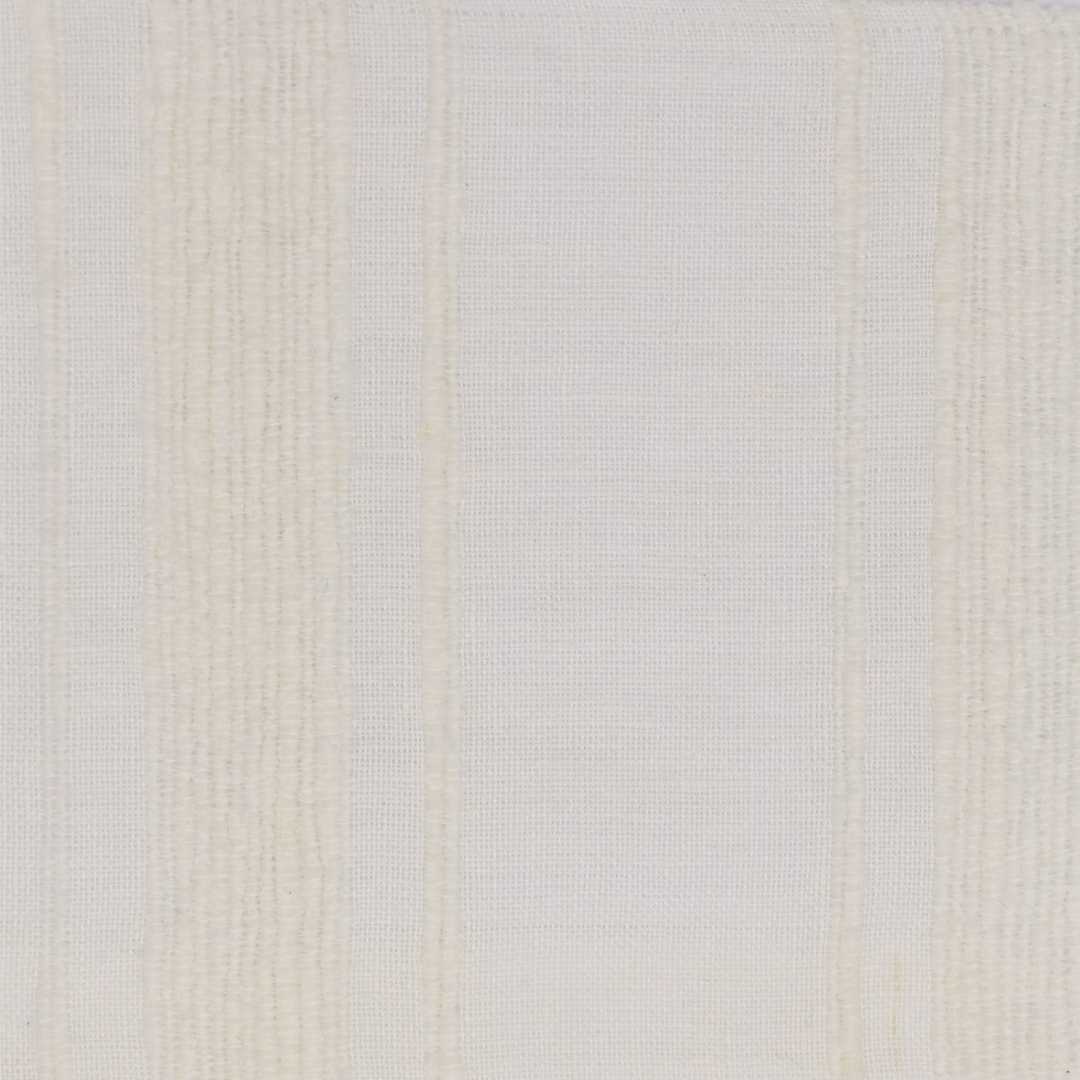 Off-white fabric with vertical stripes of light beige created by variations in the weave, giving the beige stripes a slightly textured appearance.